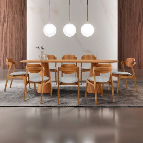 Sala de Jantar Mesa Noronha 220cm Tampo Laminado Canto Barril com 8 Cadeiras Solaris Gold