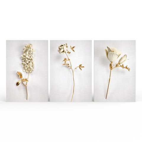 Kit 3 Quadros Retangulares - Trio de Flores Douradas 2