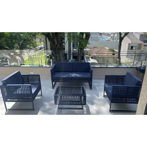 Conjunto de Sofá Bahamas Em Corda Náutica Azul - Tecido Lisato Marinho