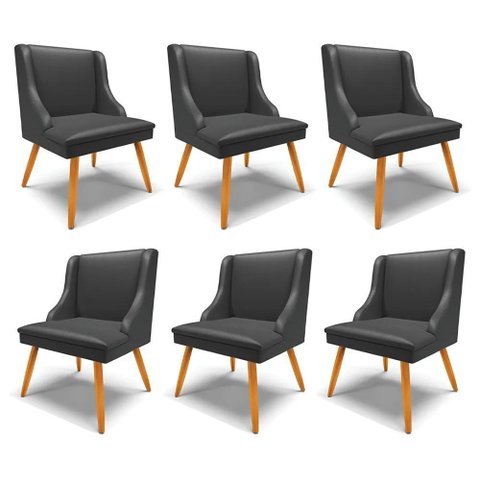 Kit 6 Cadeiras Decorativas Sala de Jantar Pés Palito de Madeira Firenze Pu Preto Fosco/natural