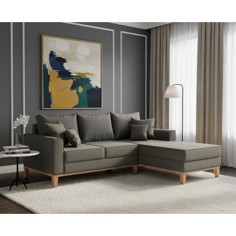 Sofá Beny com Chaise Direita, 2,00x1,40m, 3 Lugares, Linho, Base em Madeira.