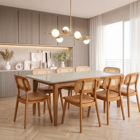 Conjunto Sala de Jantar Mesa Tangará Vidro e 8 Cadeiras Liz Madeira Maciça CabeCasa MadeiraOriginals Marrom