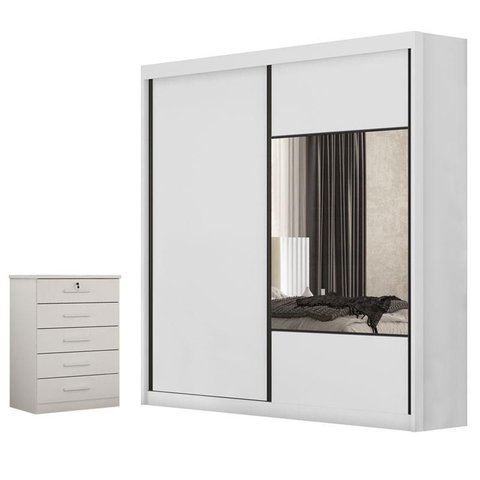 Guarda Roupa Casal Sienna com Espelho e Gaveteiro Suiça com Chave Neve - Novo Horizonte