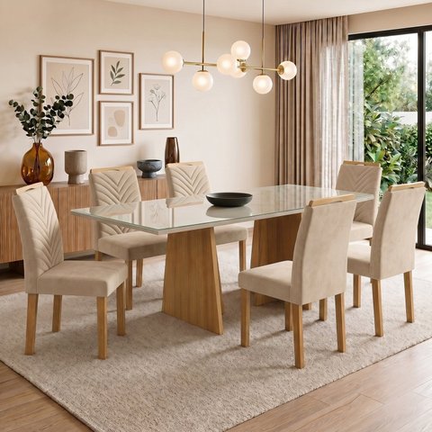 Conjunto Sala de Jantar 6 Lugares Retangular Tampo Vidro MDF 160x80cm Mesa Lyra e Cadeiras Carol