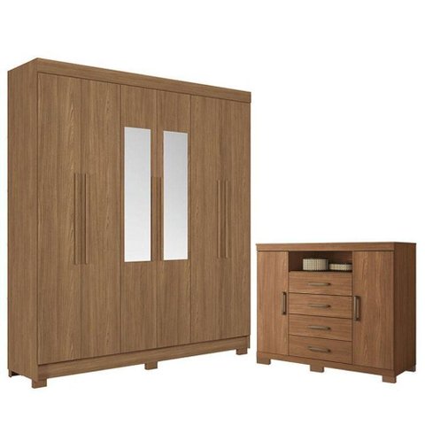 Guarda Roupa Casal com Cômoda Toledo 6 Portas de Bater 2 Gavetas MDP Jatobá Acetinado Santos Andir
