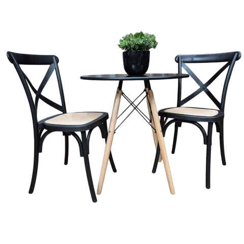 Conjunto Mesa Eames Dsw 70cm com 2 Cadeiras Paris Rattan Preta Sala de Jantar
