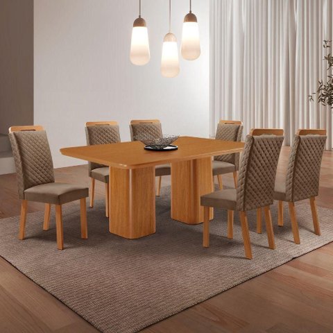 Conjunto de Jantar Eloise 6 Lugares Tampo MDF Cadeiras Lorena Veludo Bege 180cm Moderna