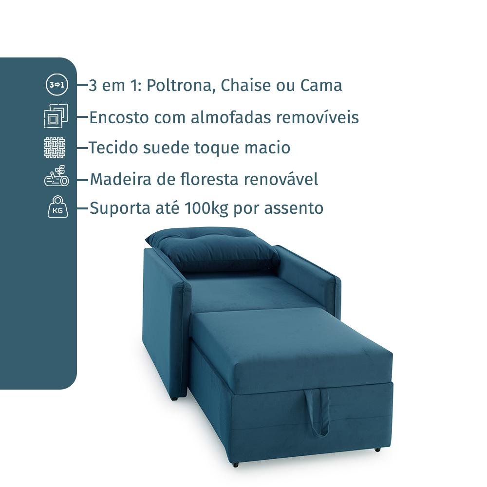 Poltrona Icaria 3 em 1 Poltrona Chaise Cama Azul Estofama - 4