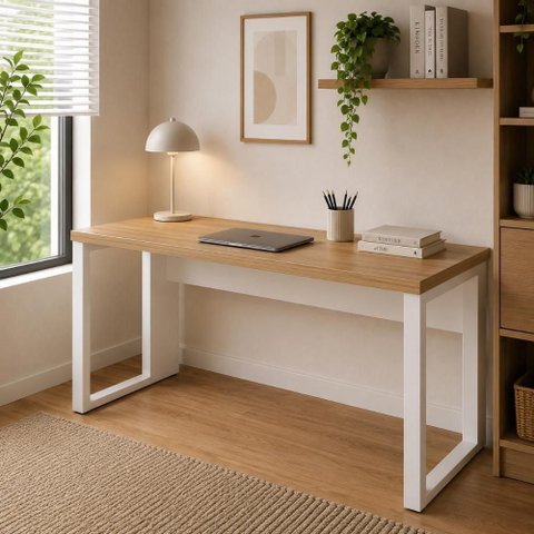 Mesa Escrivaninha Industrial F5 Office g sem Gavetas MDP 190cm Macadâmia com Branco F5