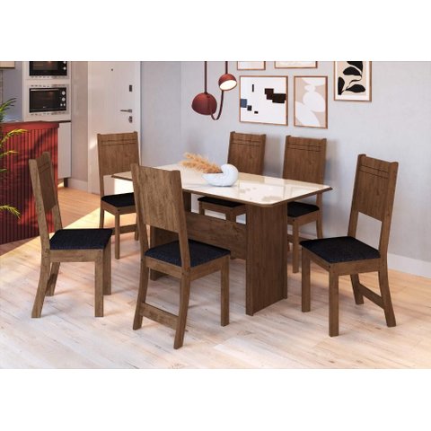 Conjunto Sala de Jantar Fidelitá Atenas 150cm com 6 Cadeiras Noce/off-white Assento Preto