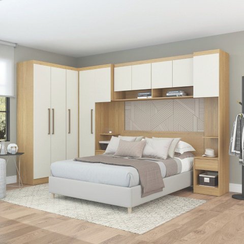 Roupeiro Modulado Selene de Canto 10 Portas 2 Mesa de Cabeceira e Cabeceira