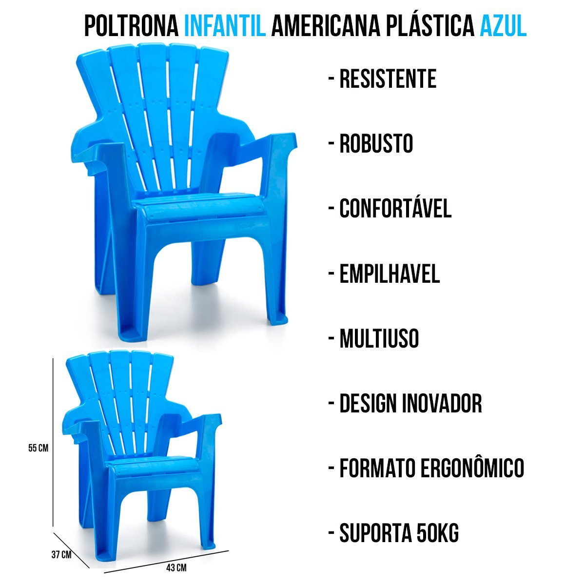 Conjunto de Mesa e 2 Cadeiras Infantil Americana Azul Color - 5
