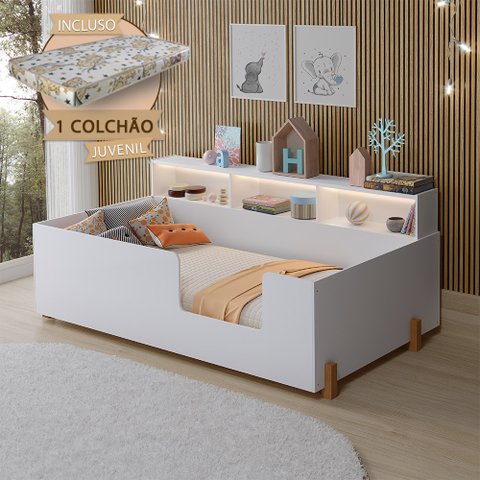 Cama Criança Infantil Montessoriana Juvenil Doçura com Nicho Branca + Colchão