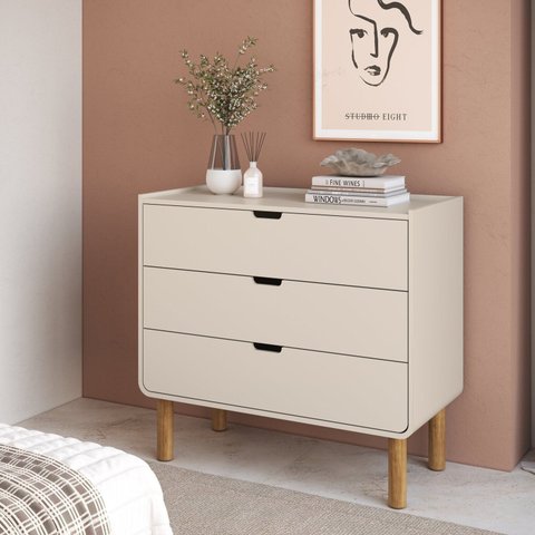 Cômoda para Quarto Orgânica Curva 3 Gavetas 90cm 100% BP com Pés em Madeira Maciça Aura Branco/Offwhite