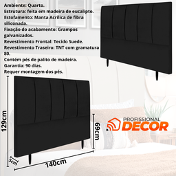 Cabeceira Casal Estofada 140cm Slim Veludo com Frames:preto - 3