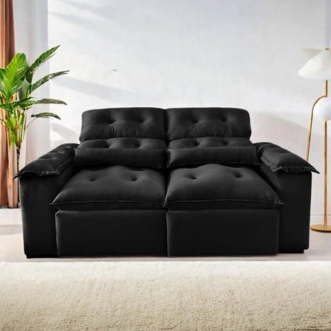Sofá Retrátil e Reclinável 1,5m em Tecido Veludão Cinza C/pillow Nos Braços - Montagem Inclusa:preto