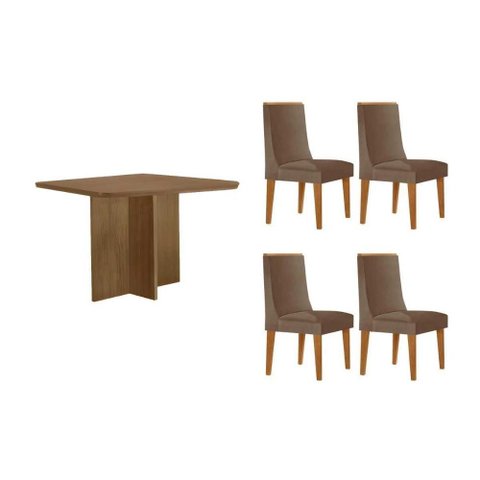 Sala de Jantar Completa Berlim C/ Tampo Madeirado Canto Curvo 90x90cm e 4 Cadeiras Dakota Naturale