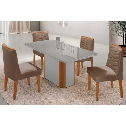 Conjunto Sala de Jantar Pietá C/ Tampo Madeirado C/ Vidro Canto Curvo 120x80cm e 4 Cadeiras