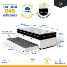 Cama Box Baú com Colchão de Espuma D45 Pillow In Anjos Ortoconfort + Auxiliar Unique Solteiro 88cm - 3