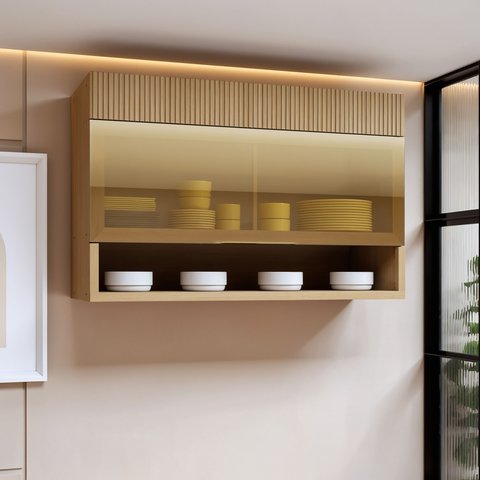 Armário Aéreo 1 Porta Basculante Vidro Reflecta e Nicho 120cm 100% MDF Realeza Premium Marrom/Carvalho