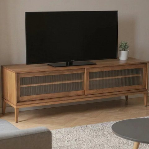 Rack para TV 65 Polegadas 182cm em Madeira Maciça/MDF e Vidro Canelado Capuccino