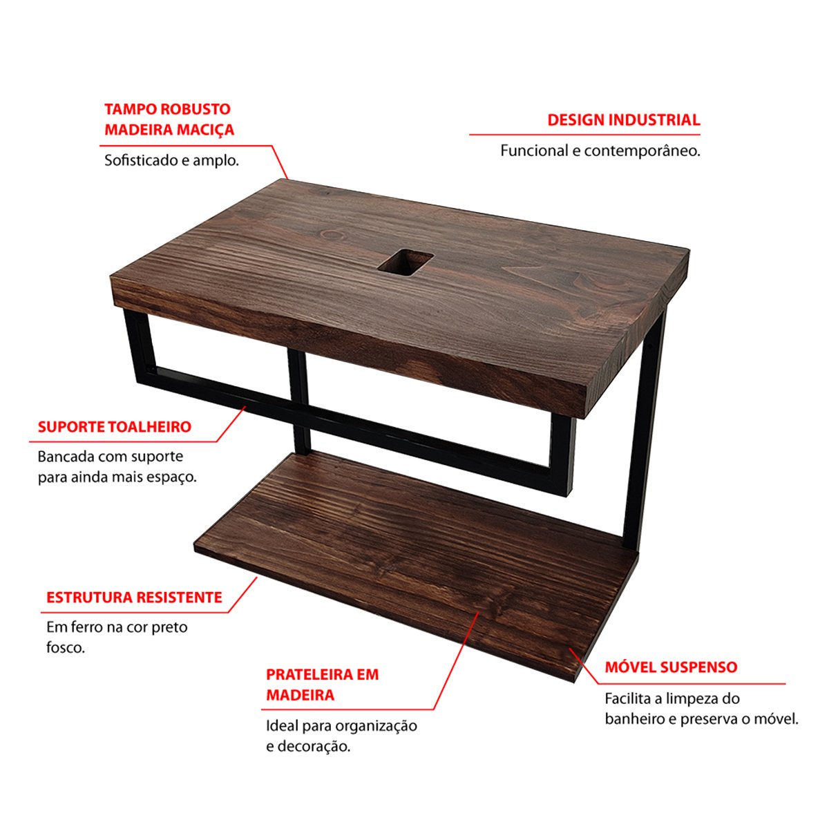 Bancada com Tampo e Prateleira em Madeira de Pinus na Cor Carvalho e Estrutura de Ferro - 5