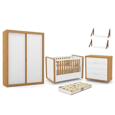 Dormitório Tutto New 2 Portas, Cômoda, Berço Branco Soft/Freijó com Colchão D18 e Prateleiras - Mati