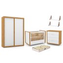 Ver imagem 1 de Dormitório Tutto New 2 Portas, Cômoda, Berço Branco Soft/Freijó com Colchão D18 e Prateleiras - Mati