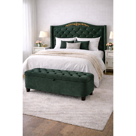 Kit de Quarto Lisboa Cabeceira de Cama Box e Calçadeira Baú Queen 160 Cm Suede Verde Escuro Eli Móve