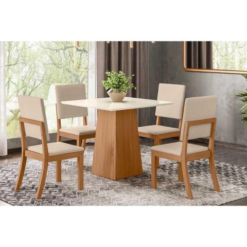 Conjunto: Mesa de Cozinha Dora Tampo Madeirado 90cm e 4 Cadeiras Milla Nature/Linho - Henn