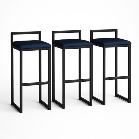 Kit 3 Banquetas Corino Ferro Cozinha Balcão Alta Bistro:azul Marinho