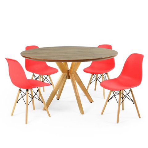 Conjunto Mesa de Jantar Redonda Marci Premium Natural 120cm com 4 Cadeiras Eames Eiffel - Vermelho