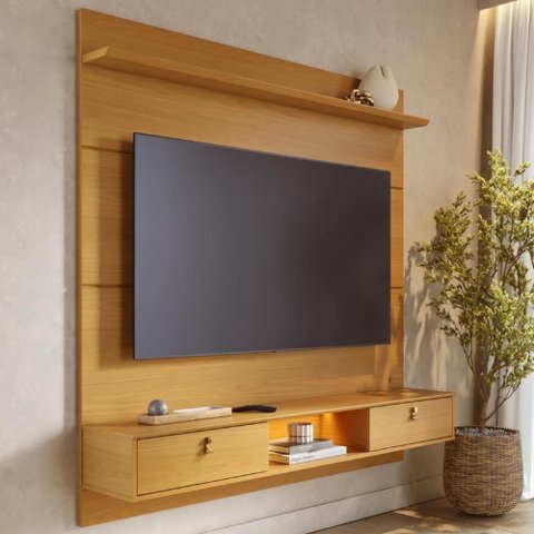 Painel para TV com Bancada Suspensa Zali Naturale C05 60 Polegadas 160cm MDP com LED Marrom