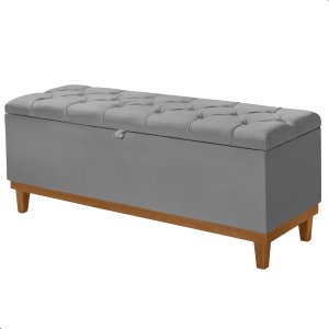 Recamier Baú Dubai Veludo Cinza Queen 1,50m Estofado Base Madeira