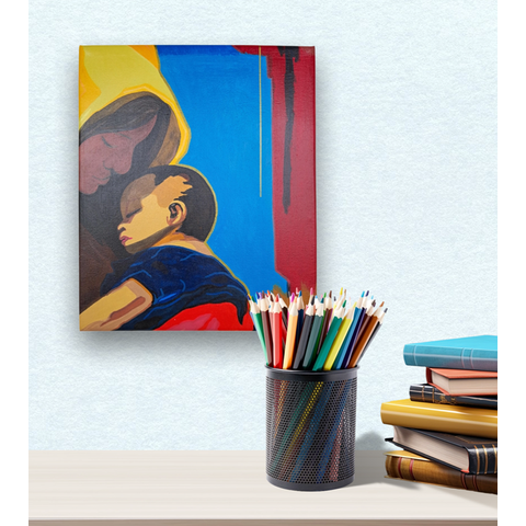 Mini Quadro de Mãe e Filho Decorativo Pintado a Mão 30x25cm