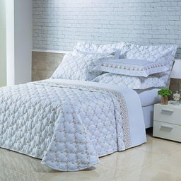 Kit Cobre Leito Colcha Garland Queen 100% Algodão 400 Fios Acetinado Bordado 5 Peças - Branco - 1