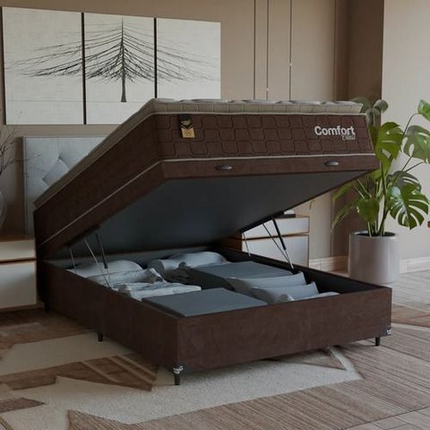 Cama Box Baú Viúva + Colchão Comfort Class Pillow Top Marrom/suede Marrom