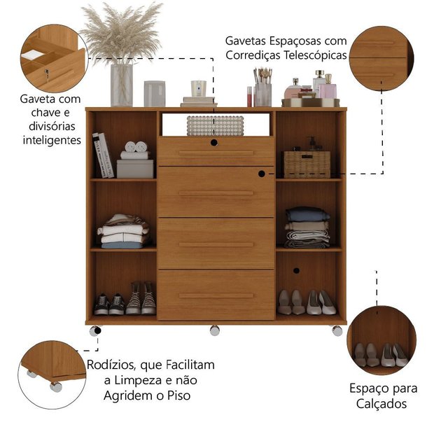Cômoda Sapateira com Chave 4 Gavetas 2 Portas Versátil Zanzini