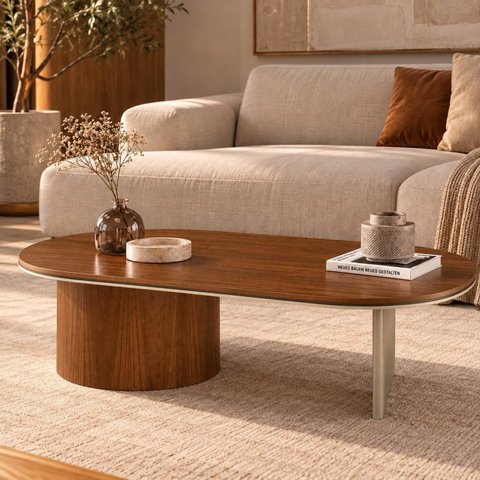 Mesa de Centro Oval Aurora 137 cm Imbuia Mel/Champanhe