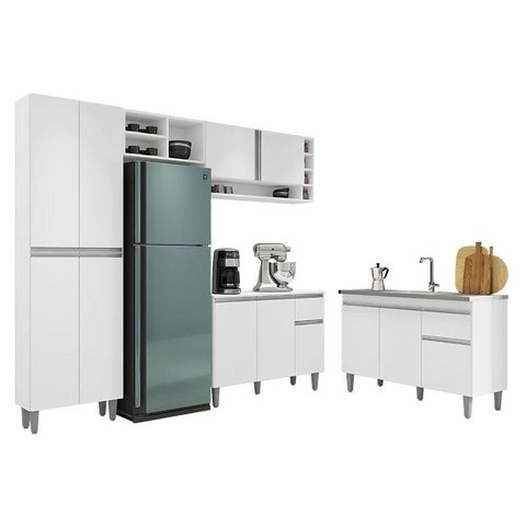 Cozinha Vanessa e Balcão de Pia Tatiane 120 Cm Branco Brilho - Ajl