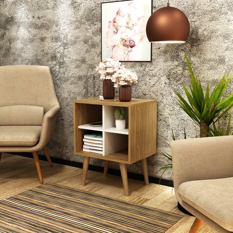 Estante para Livros com 4 Prateleiras e 4 Nichos: Natural com Off White