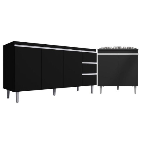 Kit Balcão Gabinete para Pia Andreia 150cm C- Balcão Cooktop 4 ou 5 Bocas Preto