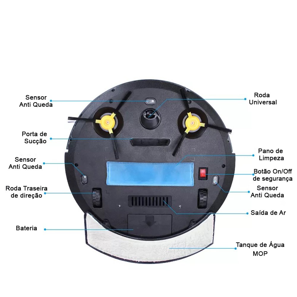 Robo Passa Pano Umido Seco MOP Aspirador Varre Inteligente Reservatorio de Agua Automatico Luz - 14