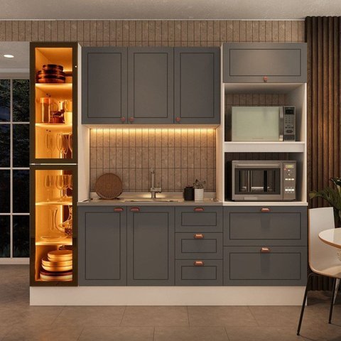 Cozinha Pérola com Rodapé e Cristaleira com LED 230 cm Yescasa Cinza