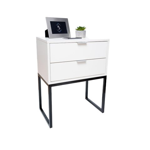 Mesa de Cabeceira Eco Industrial 40cm Branco 2 Gavetas Pés Ferro Preto para Quarto Cama