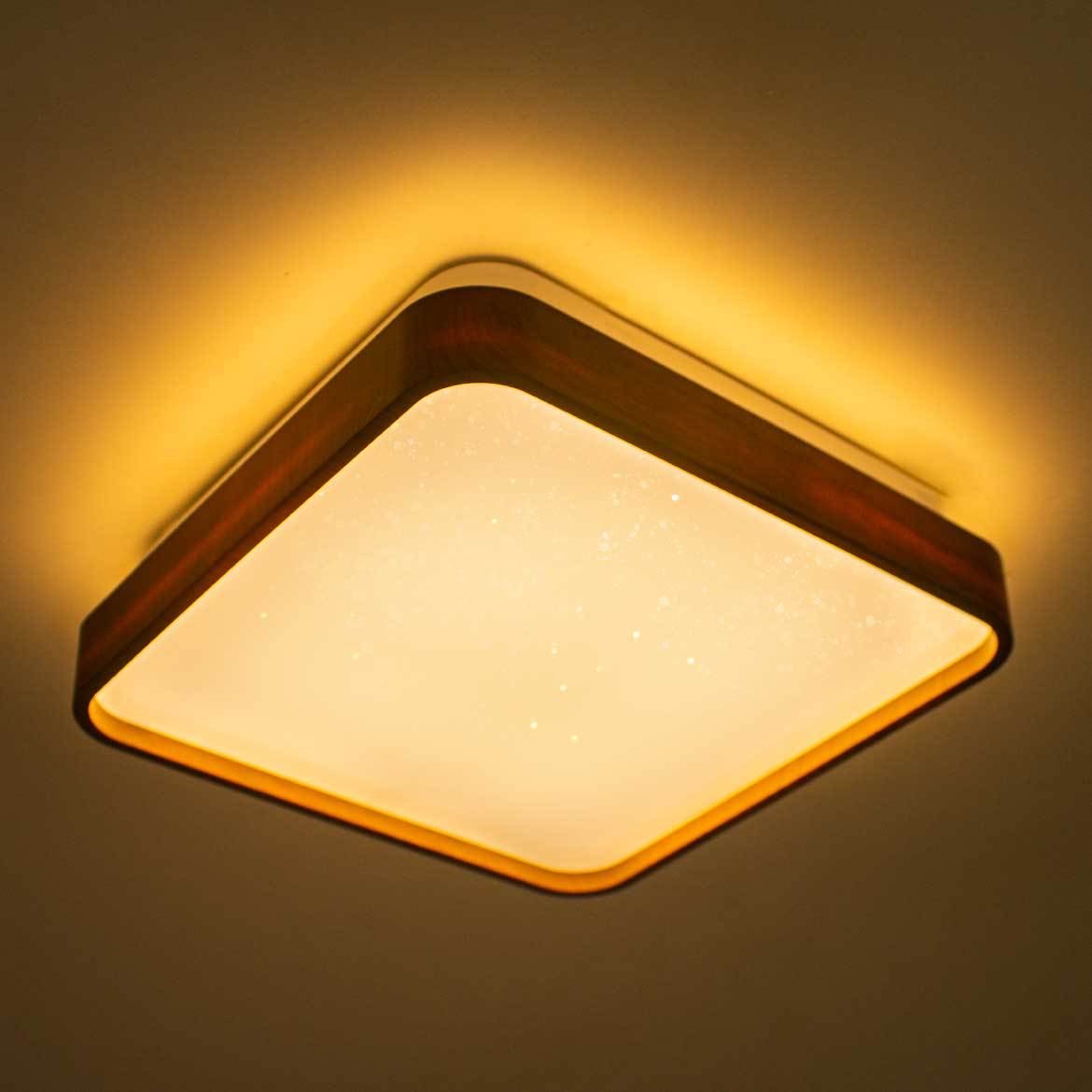 Lustre Plafon Led Timber 12w 28x28 Céu Estrelado Amadeirado Branco Quente 3000k Bivolt