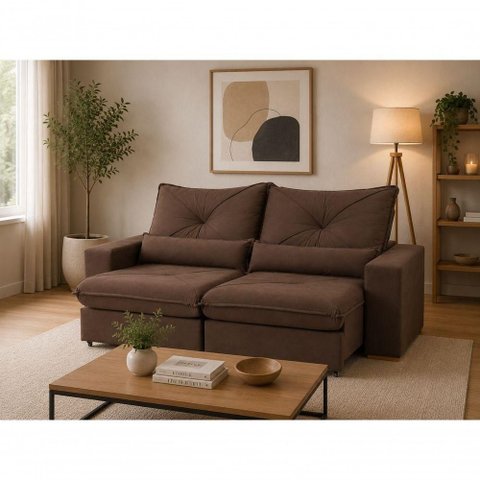 Sofá com Chaise Veneza 3 Lugares Retrátil 250cm Marrom Veludo