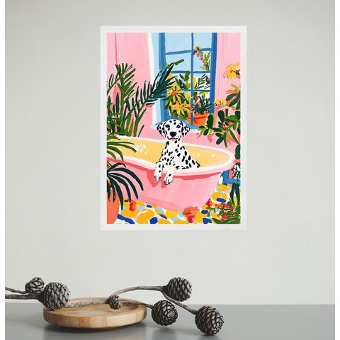 Quadro Decorativo Banheiro Dalmata na Banheira 33x24cm:moldura Branca