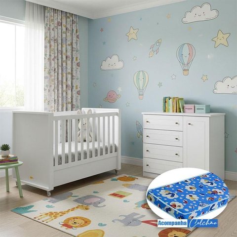 Berço Tutto New e Cômoda Infantil Americano Ambiente Branco Fosco com Colchão Ortobom - Matic