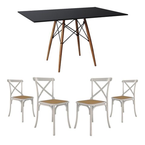 Conjunto de Mesa Eiffel Retangular Tampo de Madeira 120x75cm Preto com 4 Cadeiras Katrina Branca